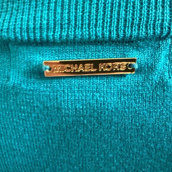 XL Michael Kors teal light sweater with leopard print on bottom with two buttons - Picture 2 of 7
